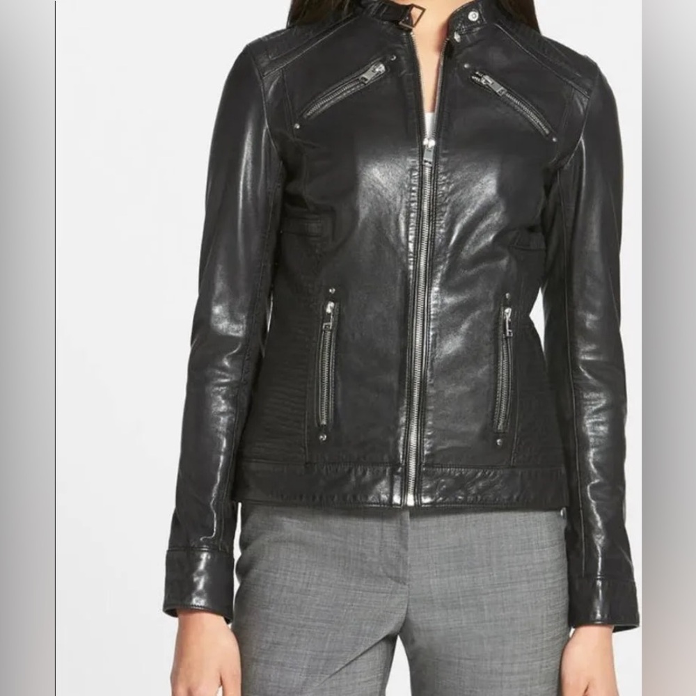 Lamarque Black Leather Moto Jacket Sz L